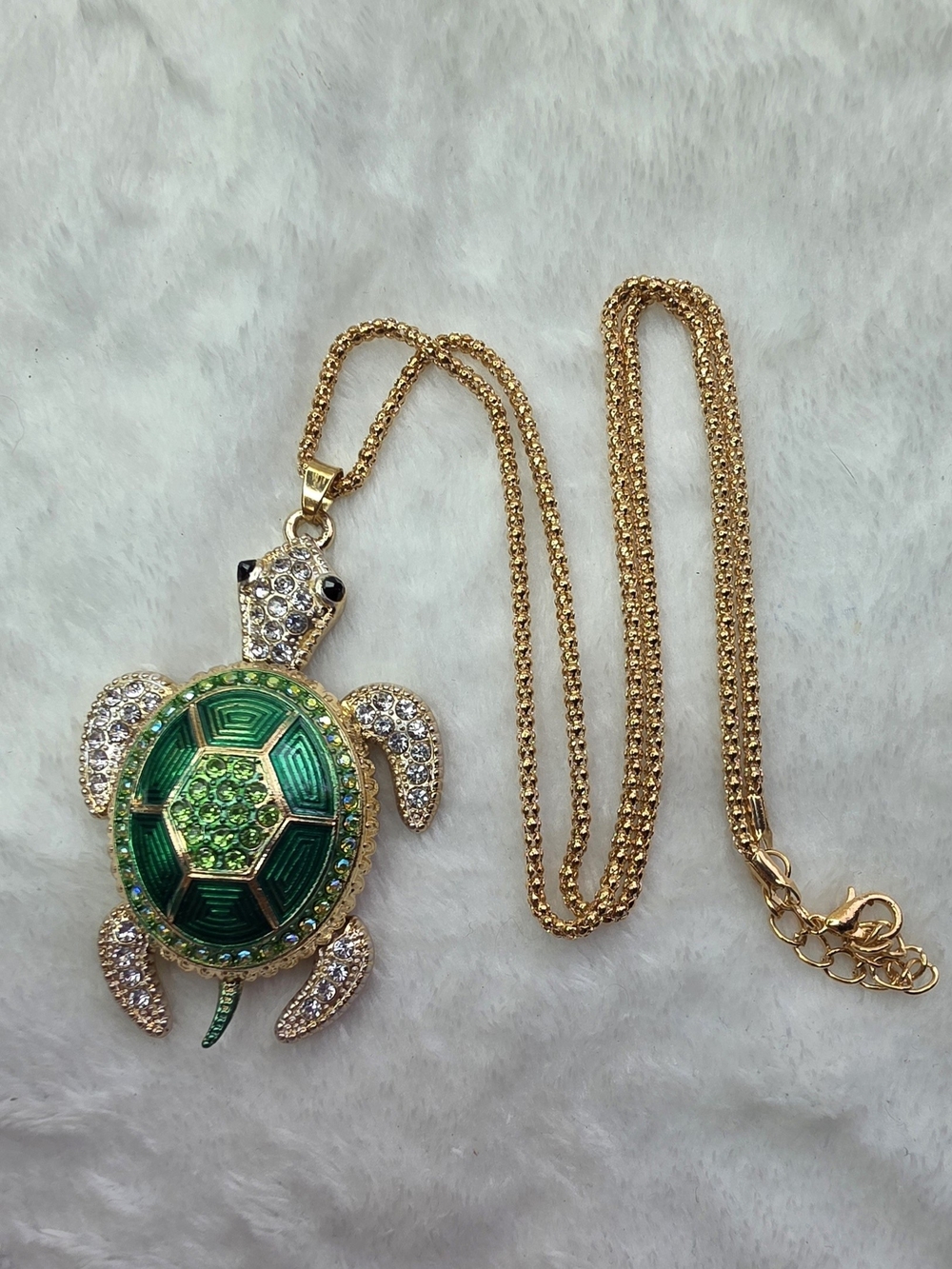 Articulating Gold-Tone Green Turtle Pendant Necklace